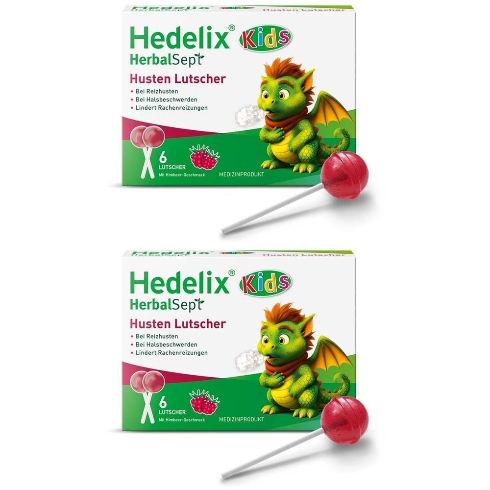 Verpackung mit Husten-Lutschern. Aufdruck: Hedelix Kids HerbalSept, Husten Lutscher. Abbildung eines Drachen. 6 Lutschers.