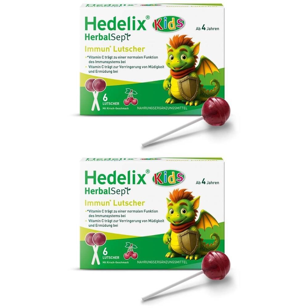 Zwei Packungen Hedelix Immun Lutschen für Kinder mit einem Drachenmotiv und Kirschen.