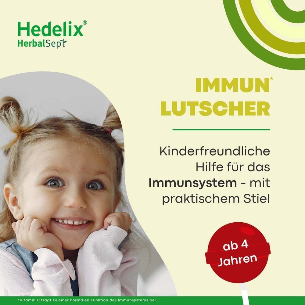 Lachendes Kind hält einen Immun Lutschen mit Stiel. Text: Kinderfreundliche Hilfe für das Immunsystem.