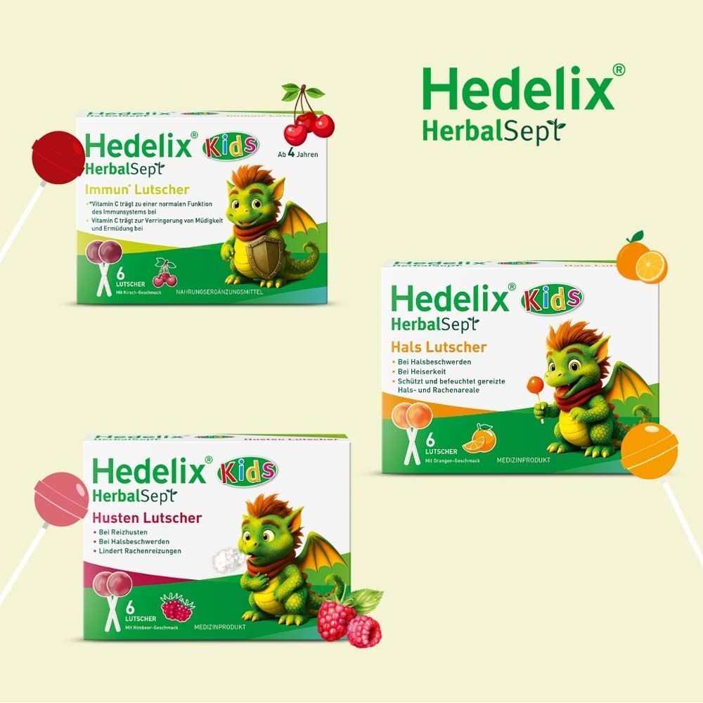 Drei Packungen Hedelix Lutschen: Immun, Hals und Husten. Mit Drachenmotiv und Früchten.