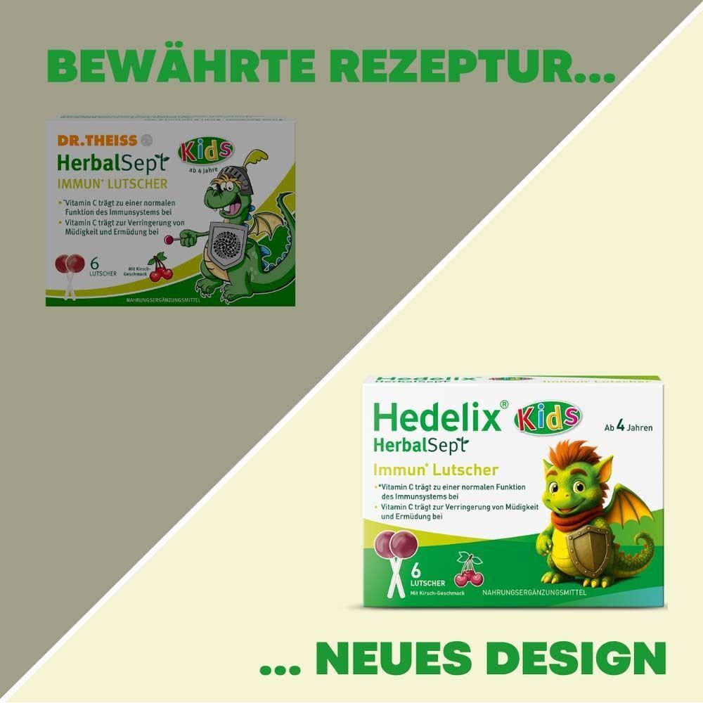 Vergleich von Hedelix Immun Lutschen: Altes Design mit Drachen und neues Design.