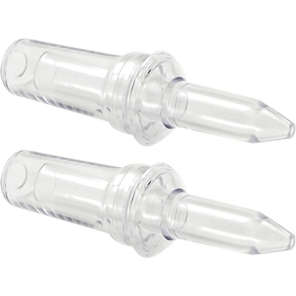 Zwei transparente, konische medizinische Applikatoren. Sie haben einen zylindrischen Körper mit einem konischen Ende.