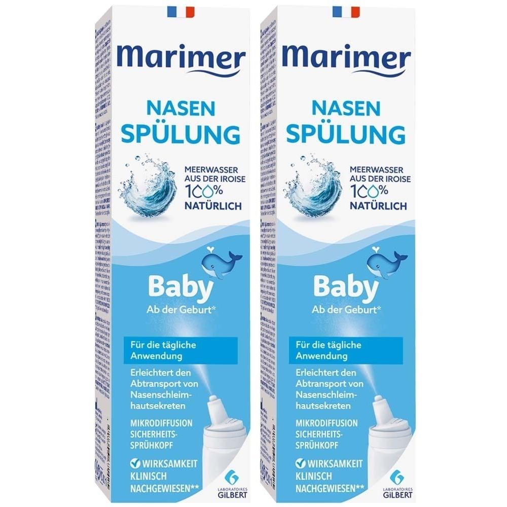 Zwei Packungen Nasenspray. Aufschrift: Marimer, Nasenspülung, Baby. Meerwasser aus der Iroise. Für Babys ab Geburt.