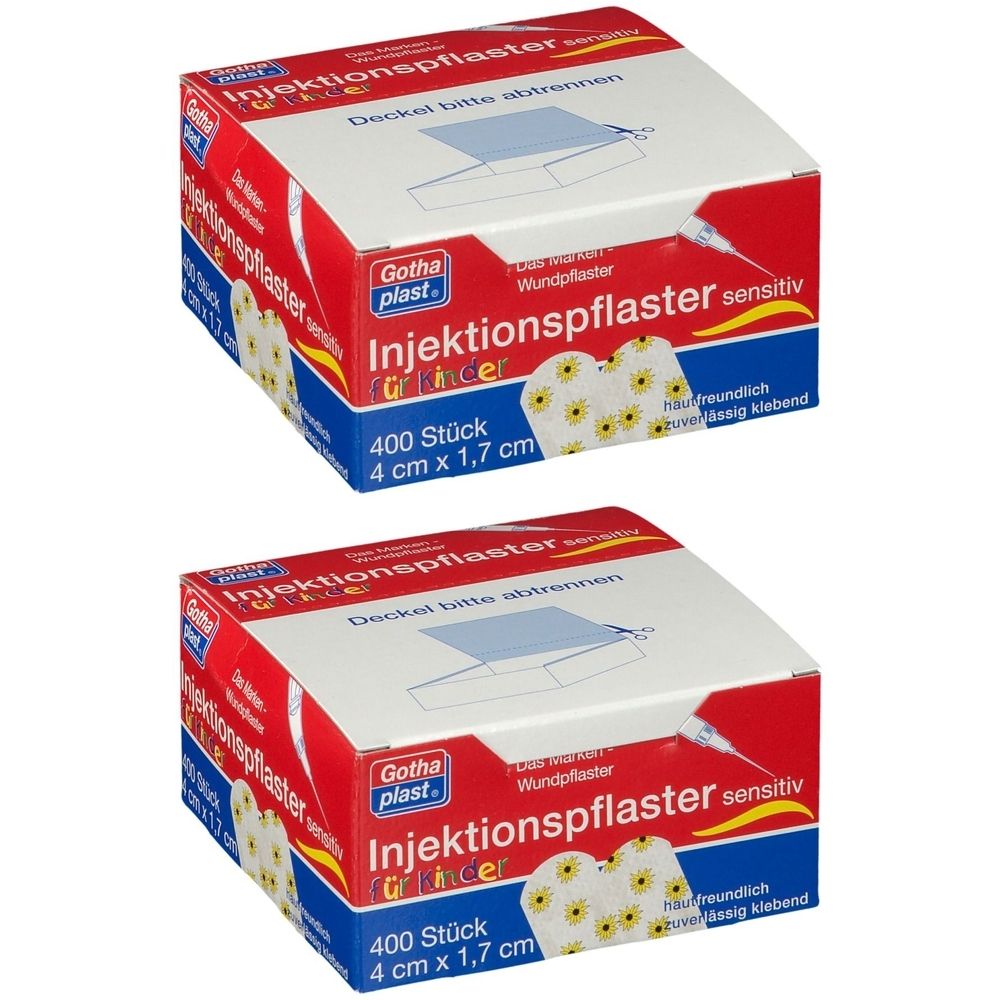 Zwei Kartons Injektionspflaster. Rote und weiße Verpackung mit Produktbezeichnung und Größenangabe: 4 cm x 1,7 cm. Aufschrift: Gothaplast.