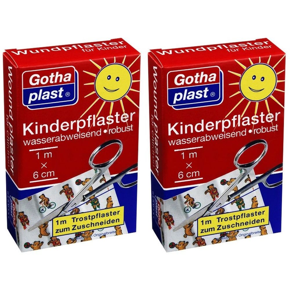 Zwei rote Kartons mit Kinderpflaster. Aufdruck: Gothaplast, Kinderpflaster, wasserabweisend, robust, 1 m x 6 cm. Schere und Pflastermuster.