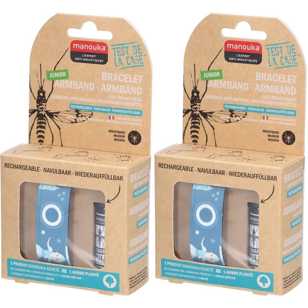 Zwei Packungen Mückenschutz-Armbänder. Kartonverpackung mit Sichtfenster. Aufdruck: Manouka, Junior, Armband, wiederaufladbar.