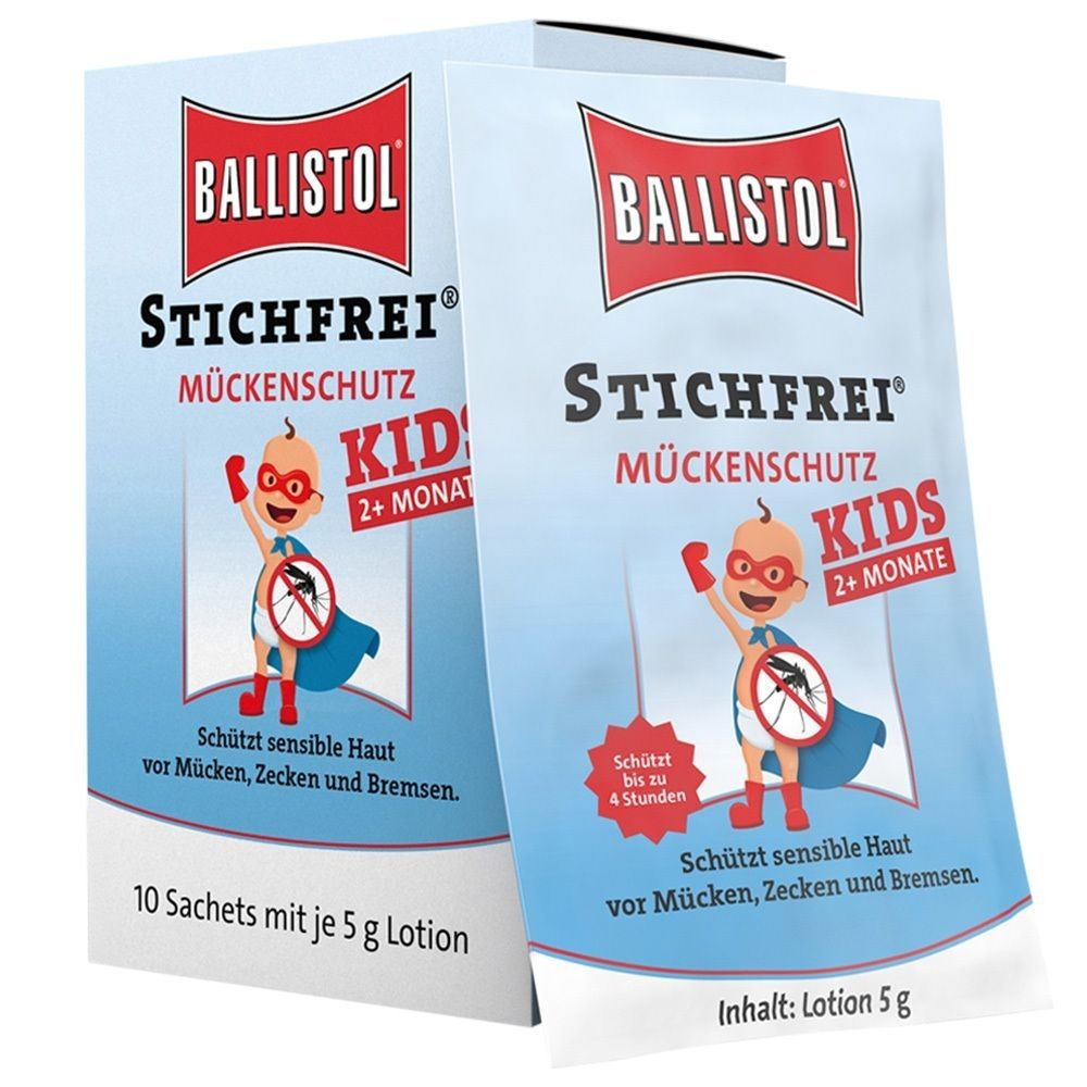 Packung mit BALLISTOL Stichfrei Kids Sachets. Aufdruck: Mückenschutz, Kind-Illustration, 2+ Monate. 10 Sachets mit je 5 g Lotion.