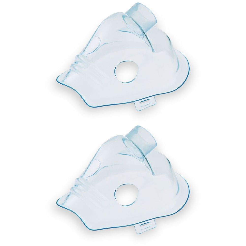 Zwei transparente Verneblermasken für Kinder. Aus Kunststoff mit blauem Rand. Mit Anschluss und Loch. OMRON.