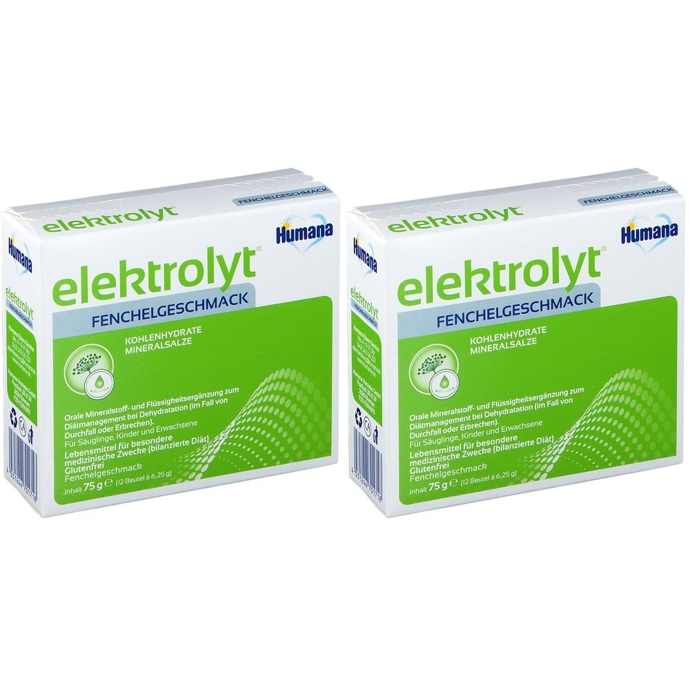 Zwei Packungen Elektrolyt. Aufschrift: Elektrolyt Fenchelgeschmack, Humana. Weiße Verpackung mit grünen Akzenten und Produktinformationen.