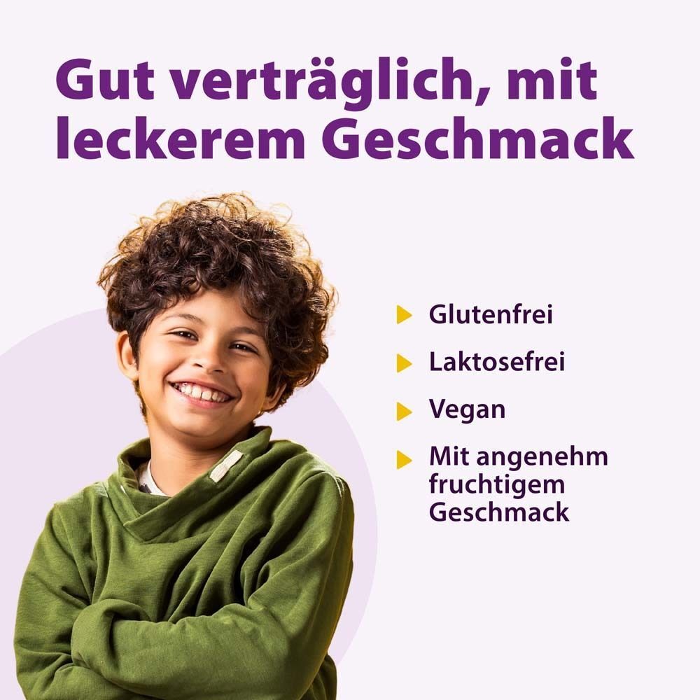 Lächelnder Junge. Text: Gut verträglich, mit leckerem Geschmack. Glutenfrei, Laktosefrei, Vegan.