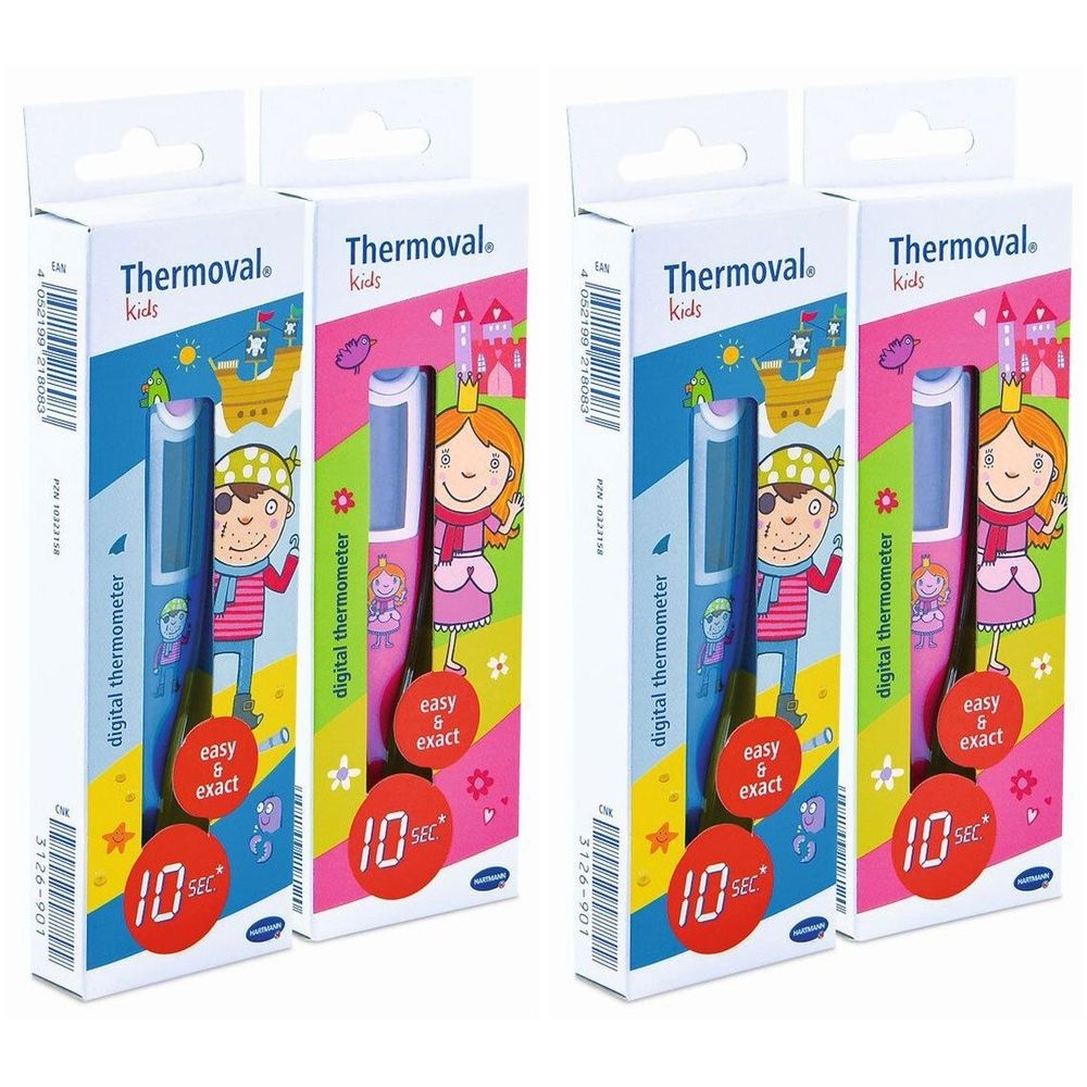 Verpackung mit Thermoval Kids Digitalthermometer. Aufdruck: digital thermometer, easy & exact, 10 sec. Mit kindgerechter Illustration.