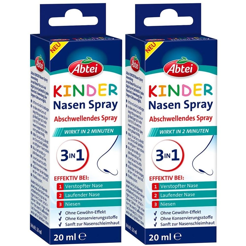 Zwei Packungen Nasenspray für Kinder. Blaue Verpackung mit Produktnamen und Logo. Enthält 20 ml. Wirkt bei verstopfter Nase, Schnupfen und Niesen.