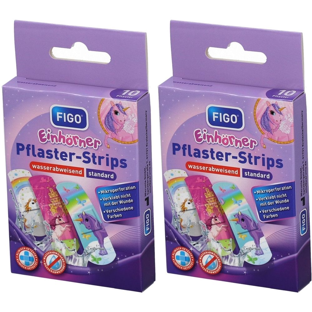 Zwei Packungen Pflaster-Strips mit Einhorn-Motiv. Aufschrift: FIGO Einhörner Pflaster-Strips wasserabweisend standard. Jede Packung enthält 10 Strips.