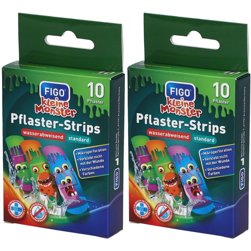Zwei Packungen FIGO Pflaster-Strips. Aufdruck: kleine Monster, wasserabweisend, 10 Pflaster. Mit Mikroperforation und verschiedenen Farben.