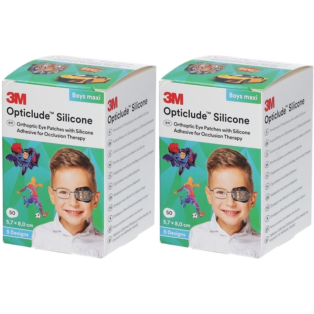 Zwei Kartons mit Opticlude Silicone. Aufdruck: Orthoptische Augenpflaster mit Silikonkleber für Okklusionstherapie. Größe: 5,7 x 8,0 cm. 50 Stück.