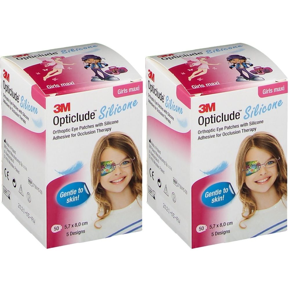 Zwei Packungen Opticlude Silicone Girls maxi. Aufdruck: 50 Stück, 5,7 x 8,0 cm, 5 Designs. Abbildung eines Mädchens mit Augenpflaster.
