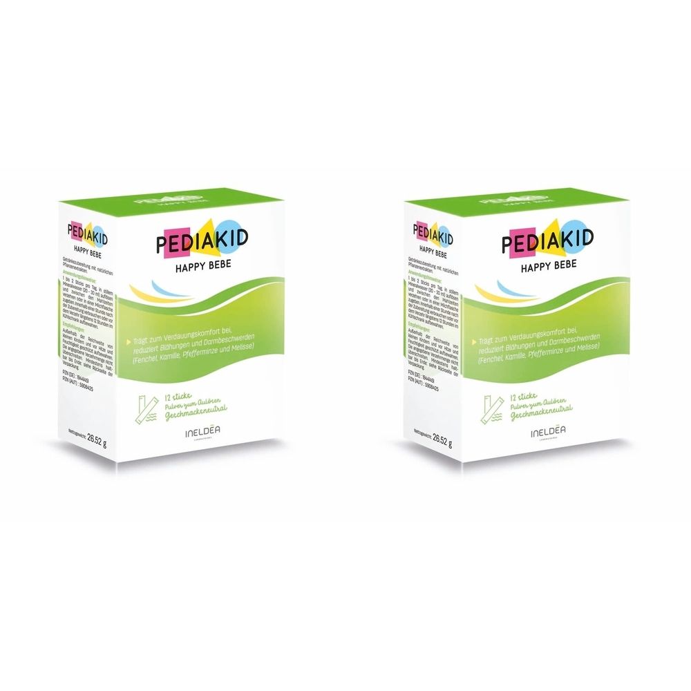 Zwei weiße Kartons mit grünen und bunten Akzenten. Aufschrift: PEDIAKID HAPPY BEBE. Text in deutscher Sprache.