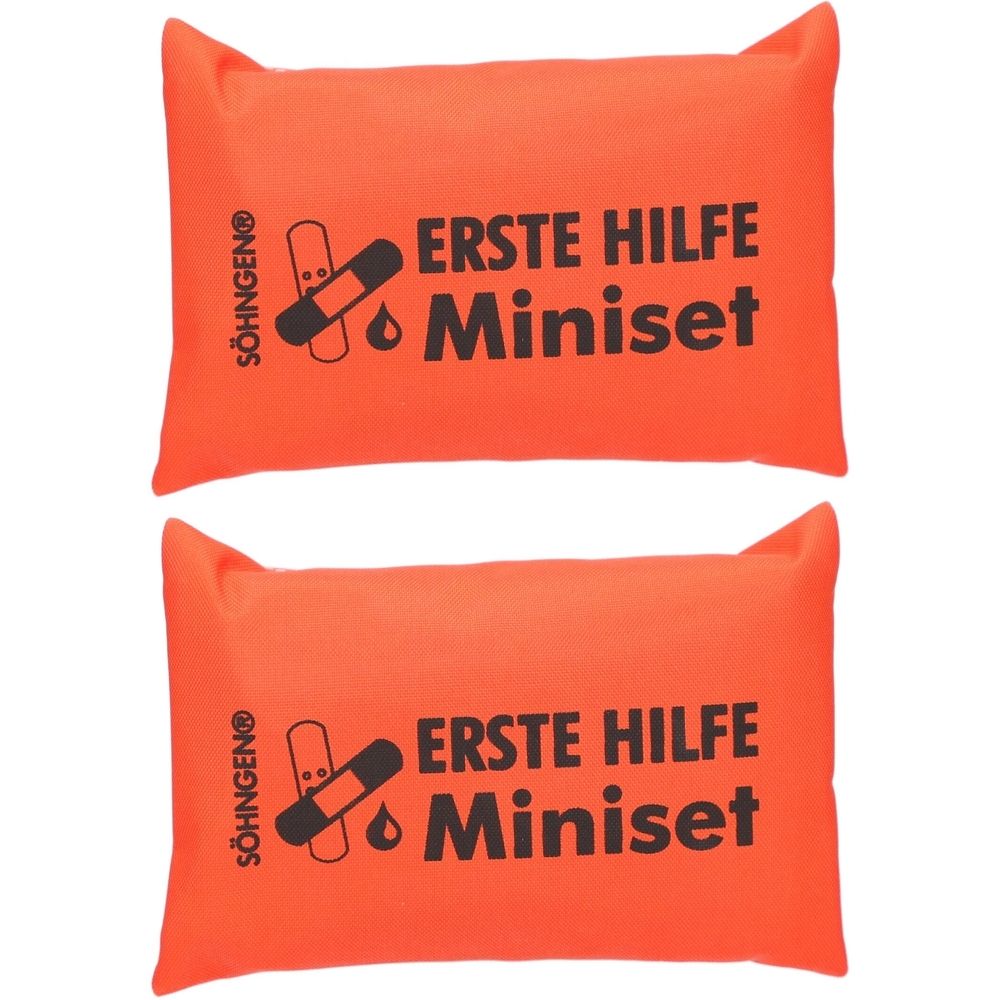 Zwei orangefarbene Erste-Hilfe-Minisets. Aufschrift: Erste Hilfe Miniset. Marke: Söhngen. Mit Pflaster und Tropfen-Symbol.