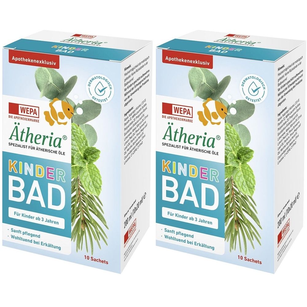 Zwei Kartons Ätheria Kinderbad. Aufdruck: Kinderbad, WEPA, dermatologisch getestet. Für Kinder ab 3 Jahren. 10 Sachets.