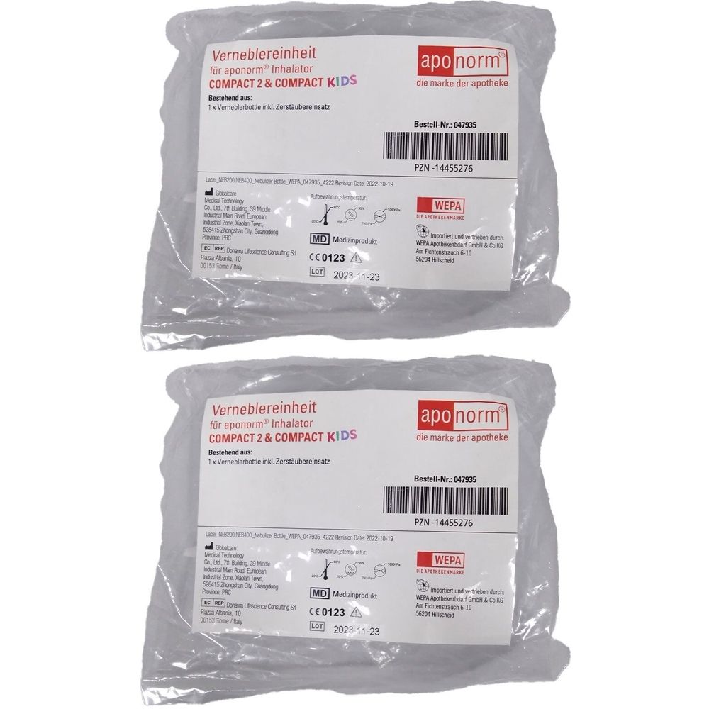 Zwei verpackte Verneblereinheiten. Aufdruck: "COMPACT 2 & COMPACT KIDS" und "apo norm". Verpackung transparent.