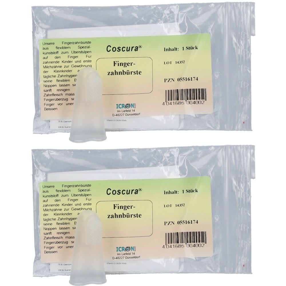 Zwei Fingerzahnbürsten in transparenten Beuteln. Aufdruck mit Produktname und Herstellerinformationen.