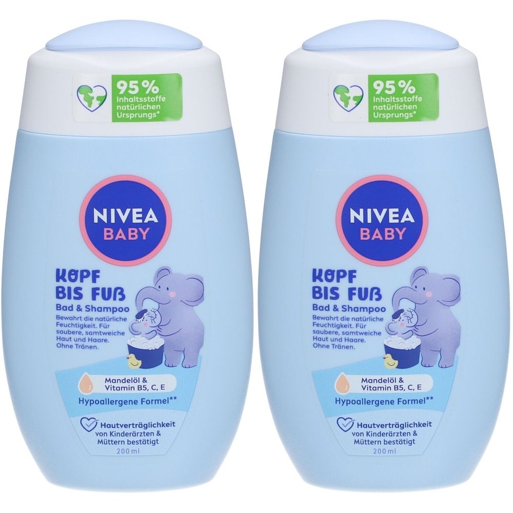 Zwei hellblaue Baby-Shampooflaschen. Aufschrift: NIVEA BABY Kopf bis Fuß Bad & Shampoo. Mit Illustration eines Elefanten. 95% Inhaltsstoffe natürlichen Ursprungs.