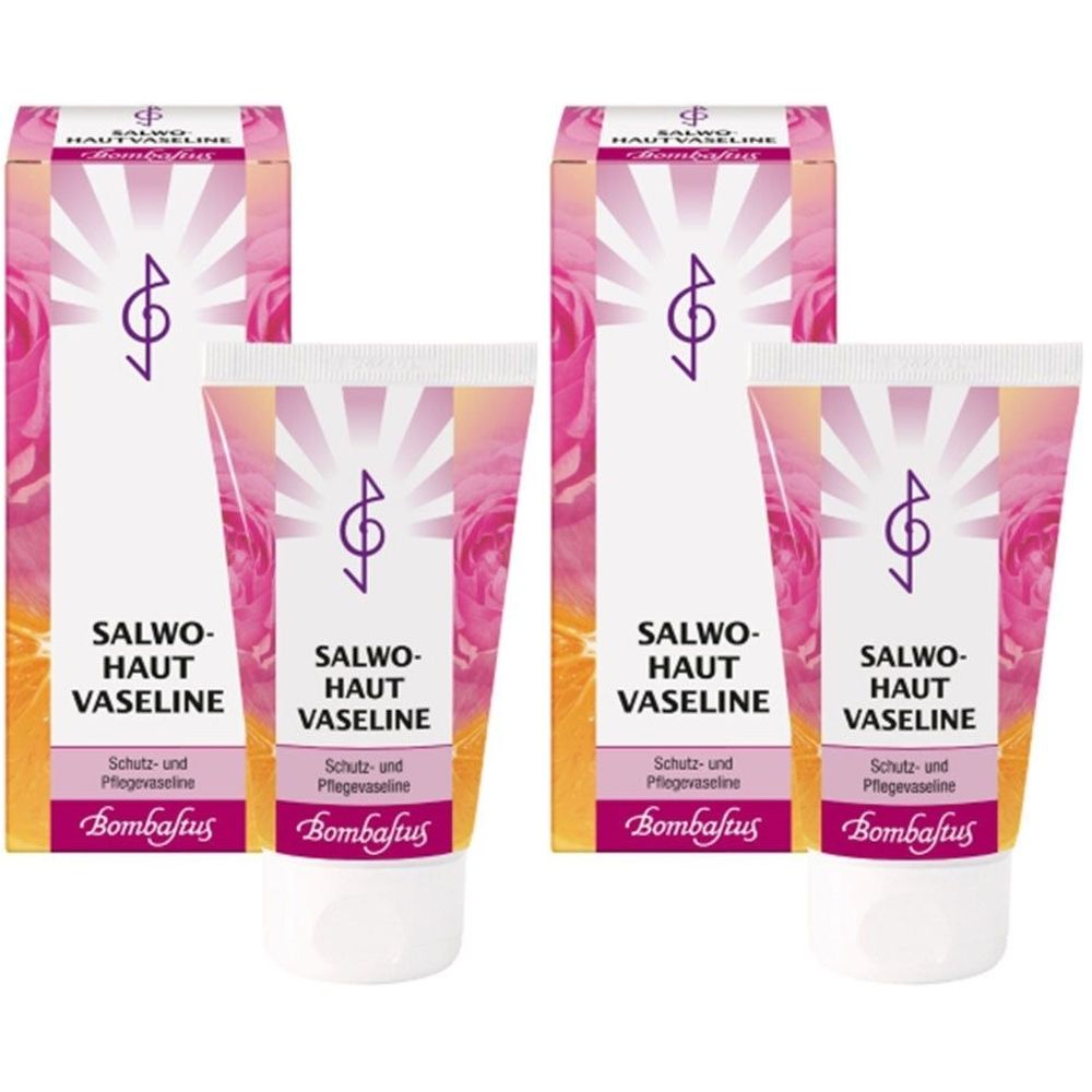 Zwei Tuben und zwei Kartons. Aufschrift: SALWO-HAUT VASELINE. Marke: Bombastus. Rosa-weißes Design mit Rosenmuster.