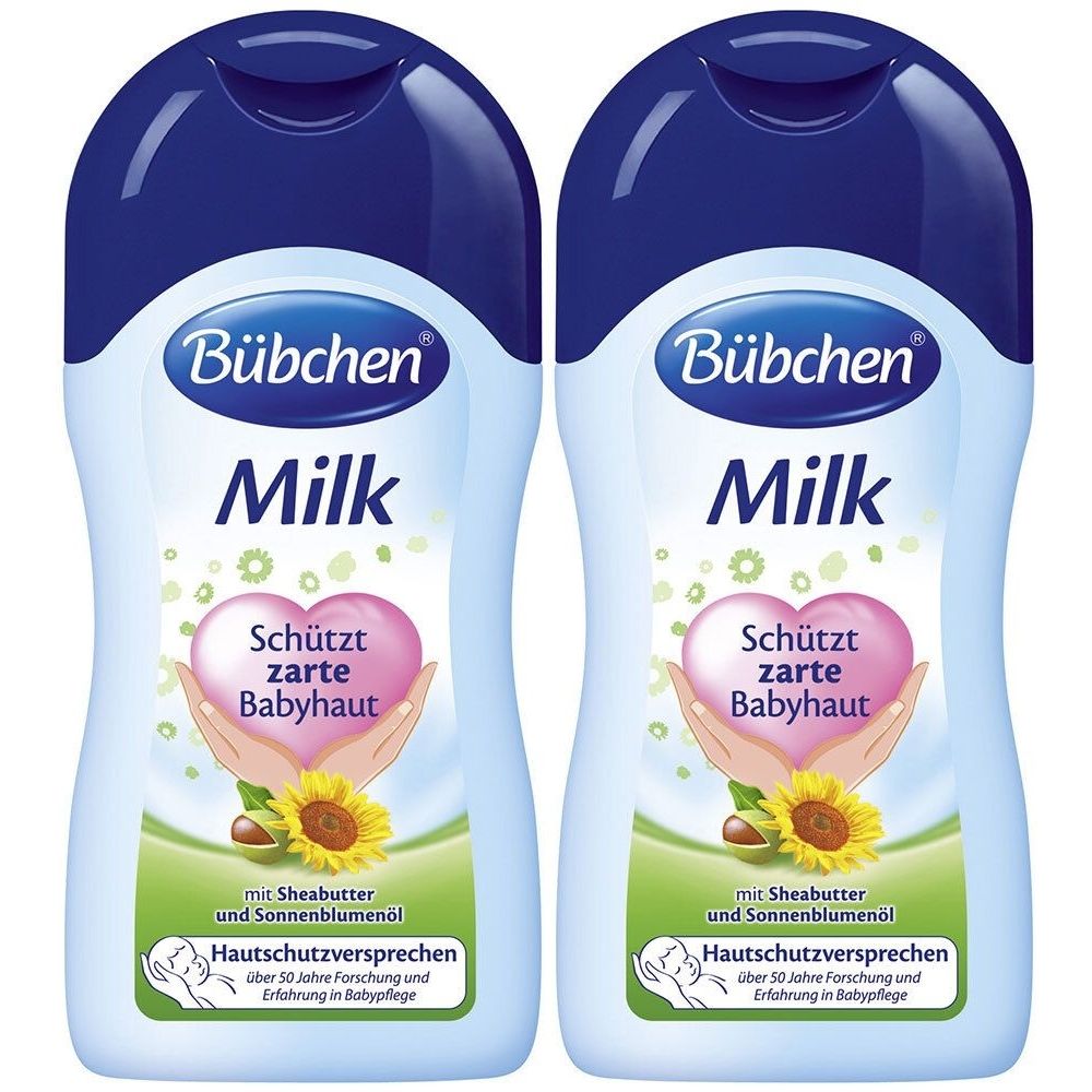 Zwei Flaschen Bübchen Milk. Blaue Kappe, weißer Körper. Aufschrift Milk, Herz mit Text. Sonnenblume und Text unten. Hautschutzversprechen.