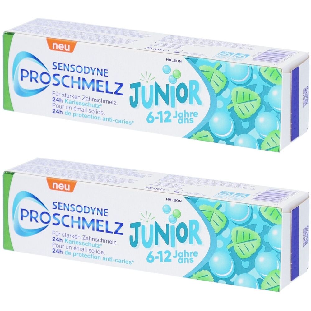 Zwei Schachteln Sensodyne ProSchmelz Junior Zahnpasta. Weiß, blau und grün. Aufschrift: ProSchmelz Junior, 6-12 Jahre, neu.