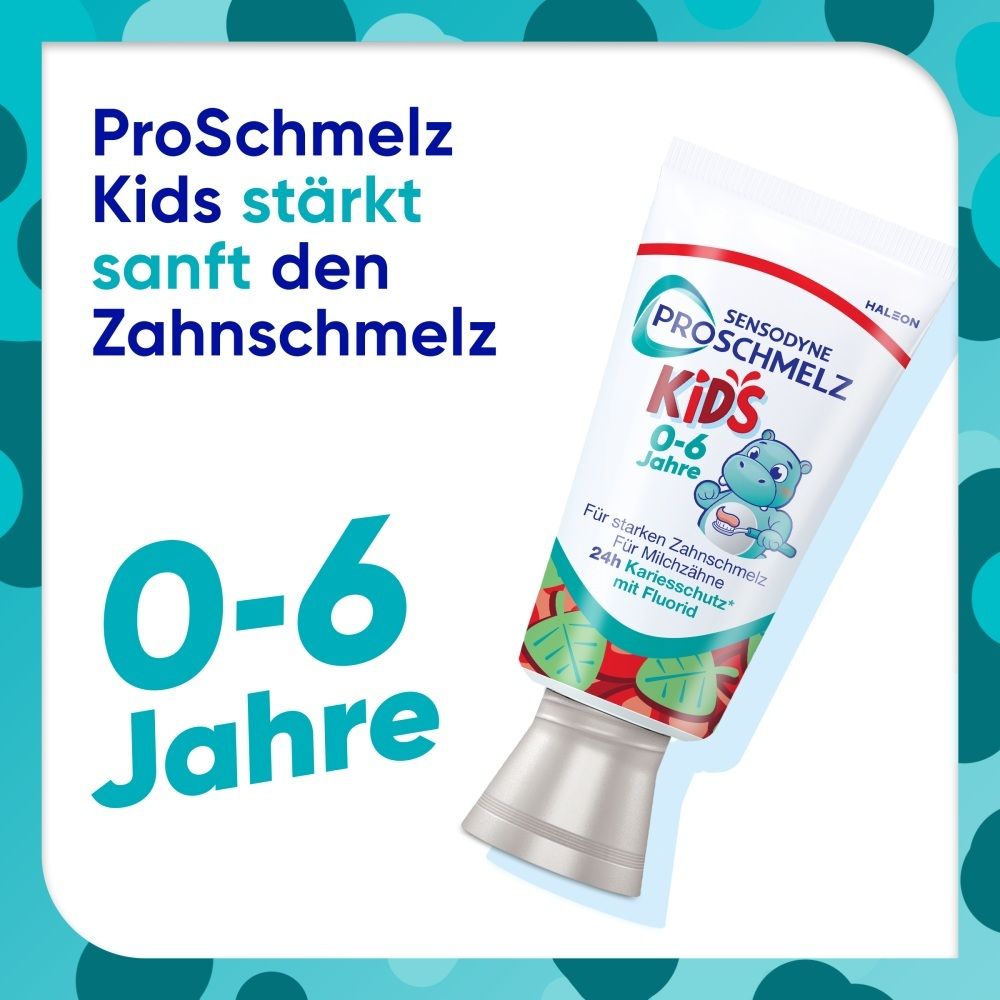 Sensodyne ProSchmelz Kids Zahnpasta Tube mit Nilpferd-Motiv, für Kinder von 0-6 Jahren.