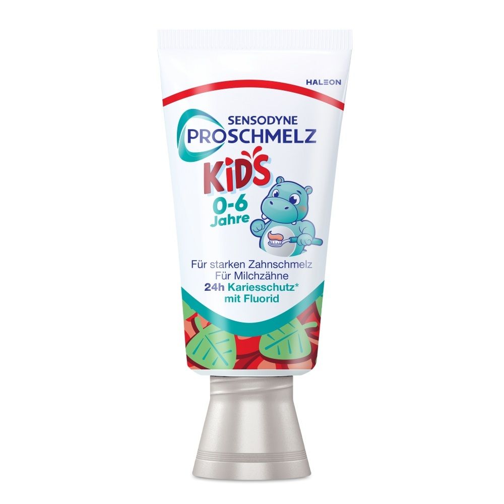 Sensodyne ProSchmelz Kids Zahnpasta Tube mit Nilpferd-Illustration und Aufdruck '0-6 Jahre'.