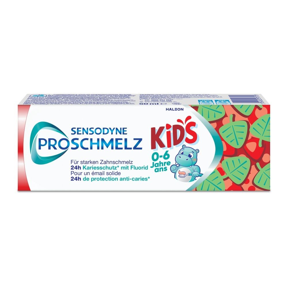 Sensodyne ProSchmelz Kids Zahnpasta 0-6 Jahre, 50ml Tube mit Nilpferd-Illustration.