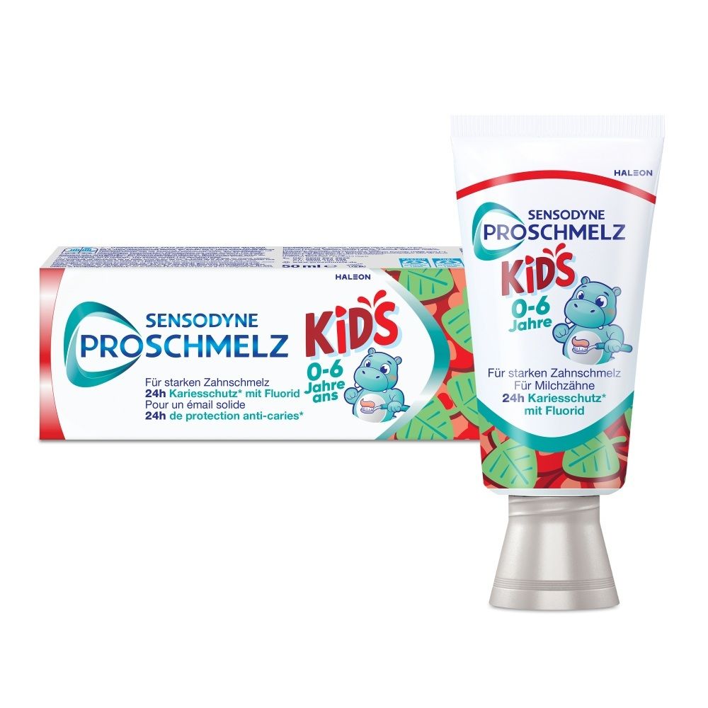 Sensodyne ProSchmelz Kids Zahnpasta (0-6 Jahre) und Verpackung.