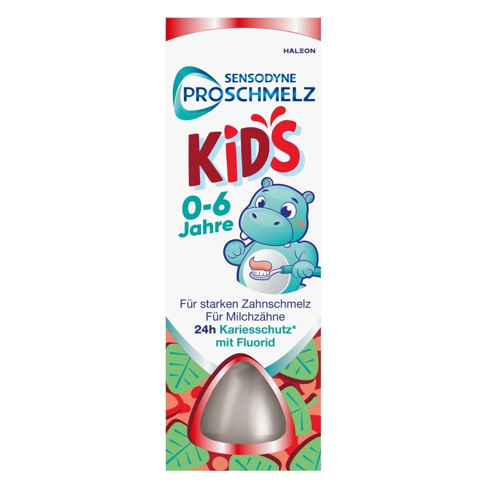 Sensodyne ProSchmelz Kids Zahnpasta-Tube für Kinder von 0-6 Jahren. Zeigt einen Nilpferdkopf, der Zähne putzt. "24h Kariesschutz mit Fluorid".
