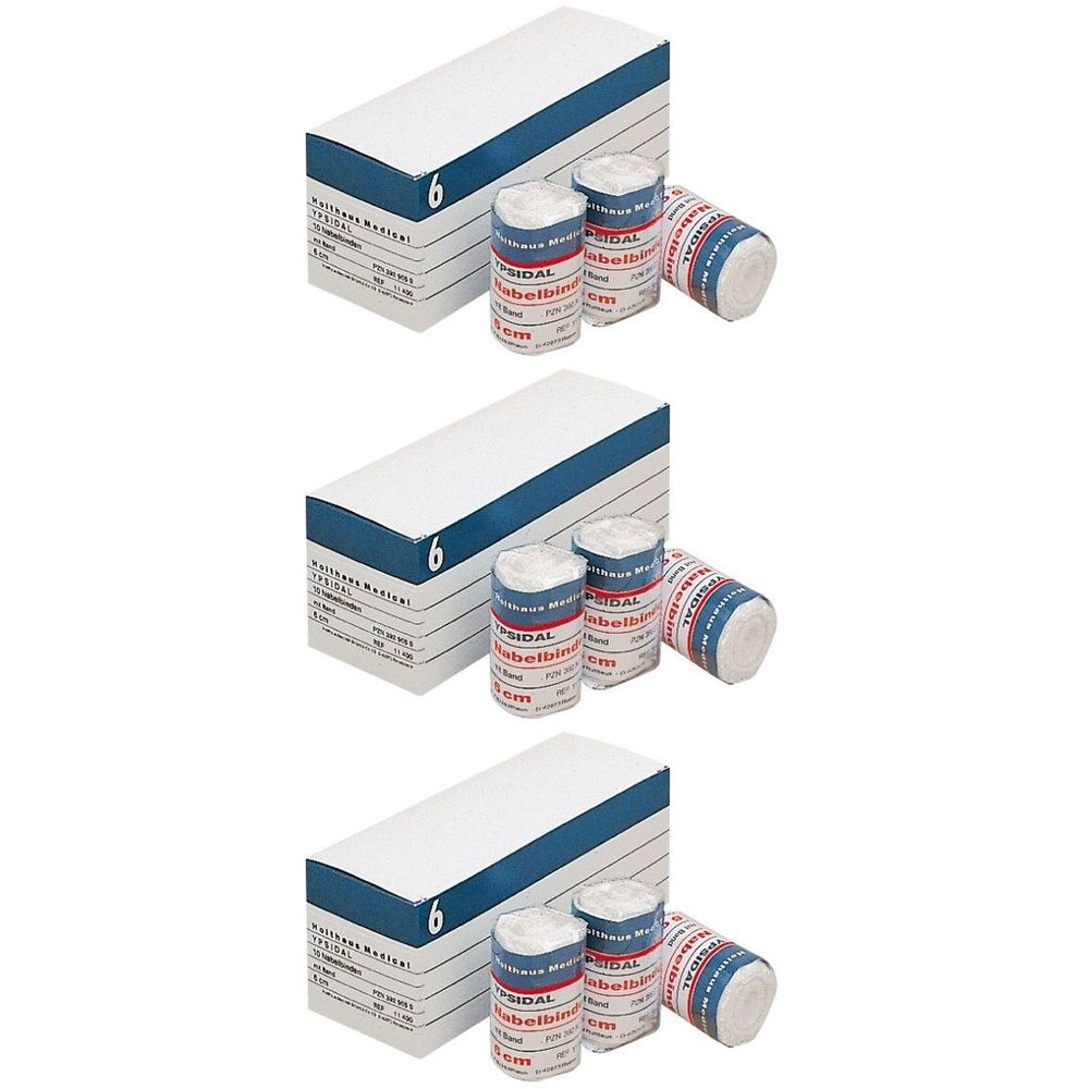 Drei Packungen YPSIDAL Nabelbinde 6 cm. Jede Packung enthält sechs Rollen. Weiße Bandagen mit roten und blauen Etiketten.