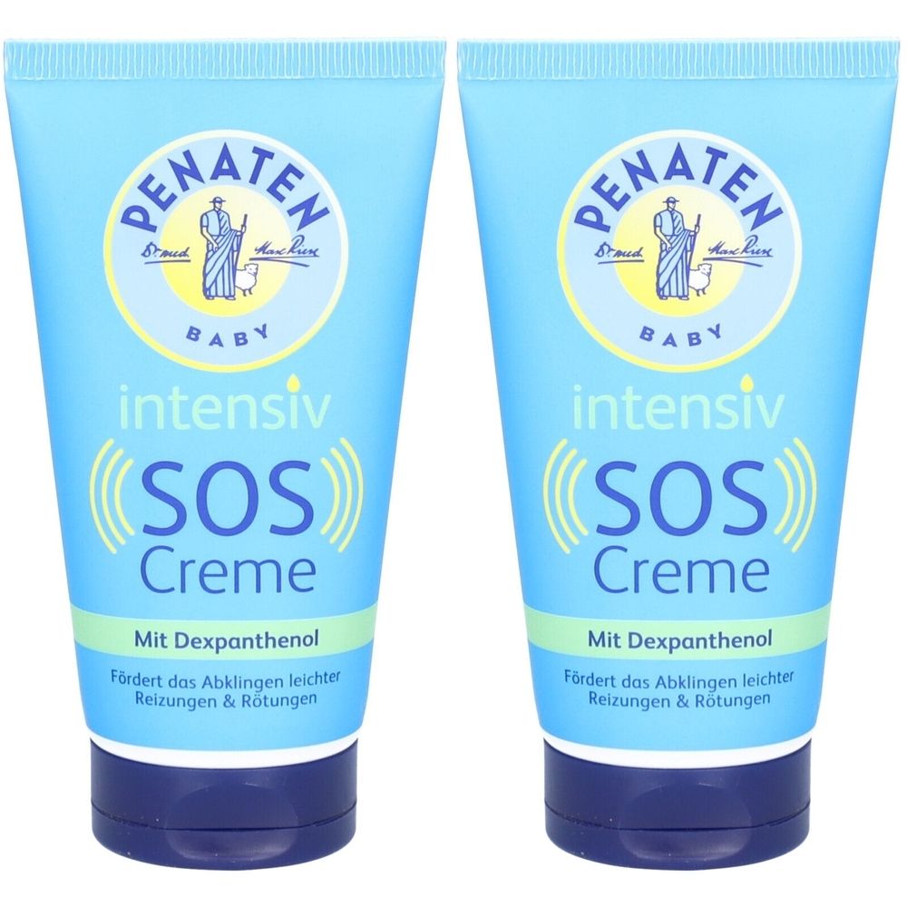 Zwei blaue Tuben mit weißer Schrift. Aufschrift: PENATEN BABY intensiv SOS Creme. Enthält Dexpanthenol. Fördert das Abklingen leichter Reizungen.