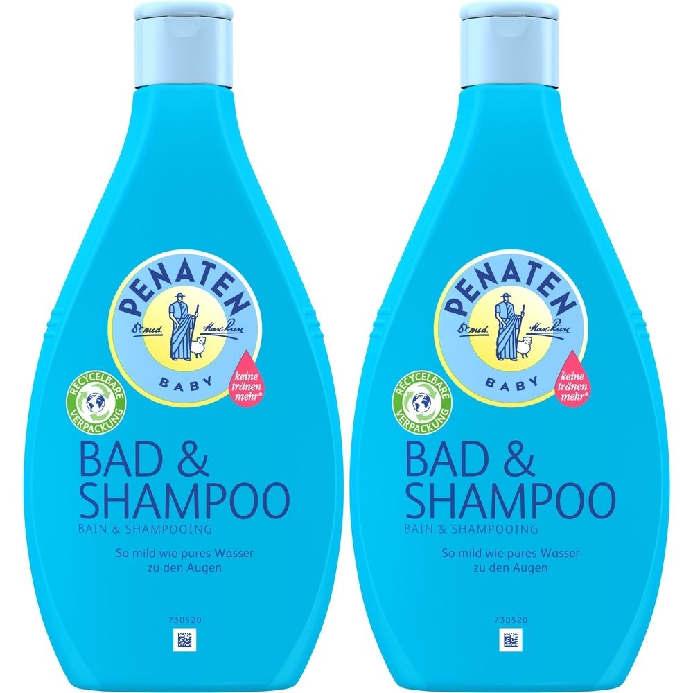 Zwei blaue Flaschen mit weißem Deckel. Aufschrift: PENATEN BABY BAD & SHAMPOO. Logo mit Figur. Text: So mild wie pures Wasser zu den Augen.
