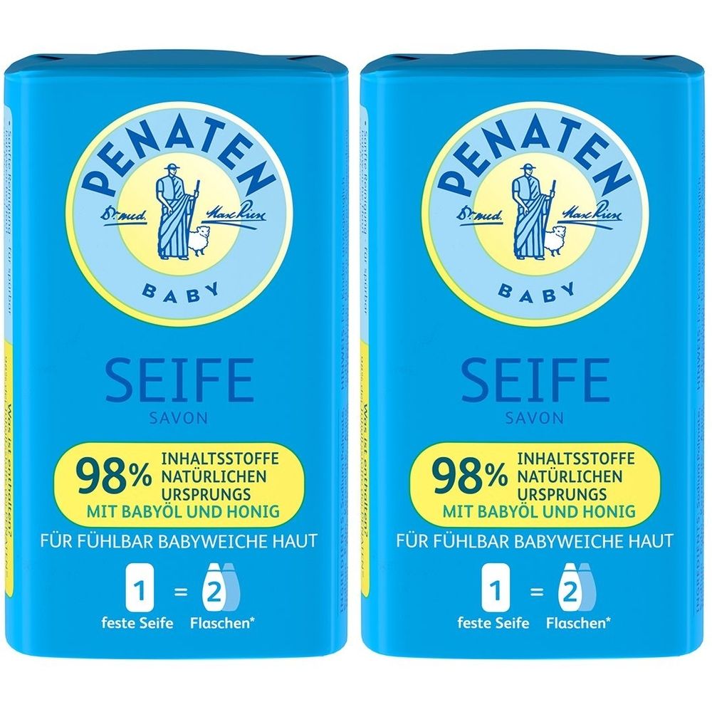 Zwei blaue Seifenstücke mit der Aufschrift PENATEN BABY SEIFE. Aufschrift: 98% Inhaltsstoffe natürlichen Ursprungs. Mit Babyöl und Honig.