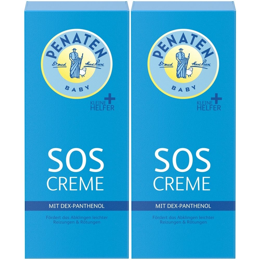 Zwei blaue Faltschachteln. Aufschrift: PENATEN BABY, SOS CREME, Kleine Helfer. Mit Dex-Panthenol.