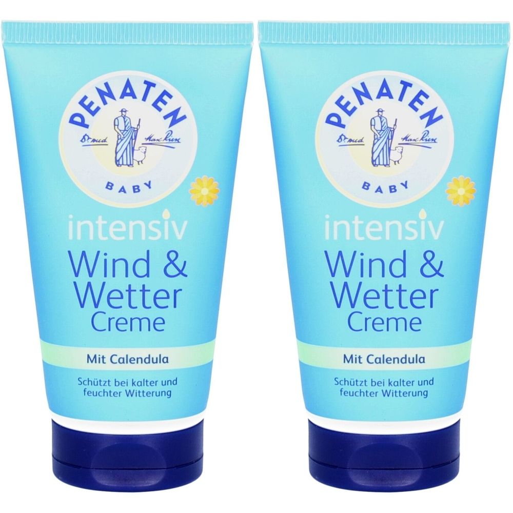 Zwei Tuben Penaten Wind & Wetter Creme. Hellblaue Tuben mit blauem Deckel. Aufschrift: intensiv Wind & Wetter Creme.