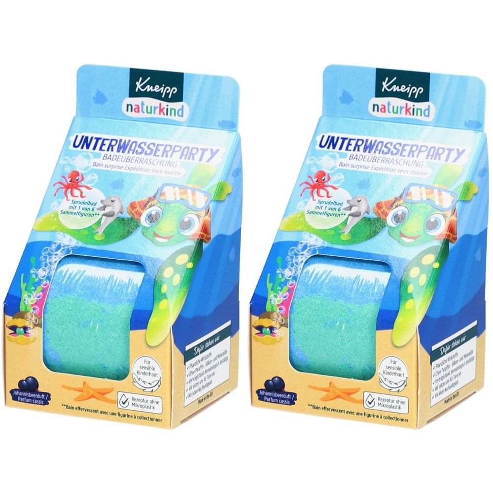 Zwei Kartons mit Produkt. Aufschrift: Unterwasserparty. Abbildung einer Schildkröte. Marke: Kneipp Naturkind. Mit Badeüberraschung.