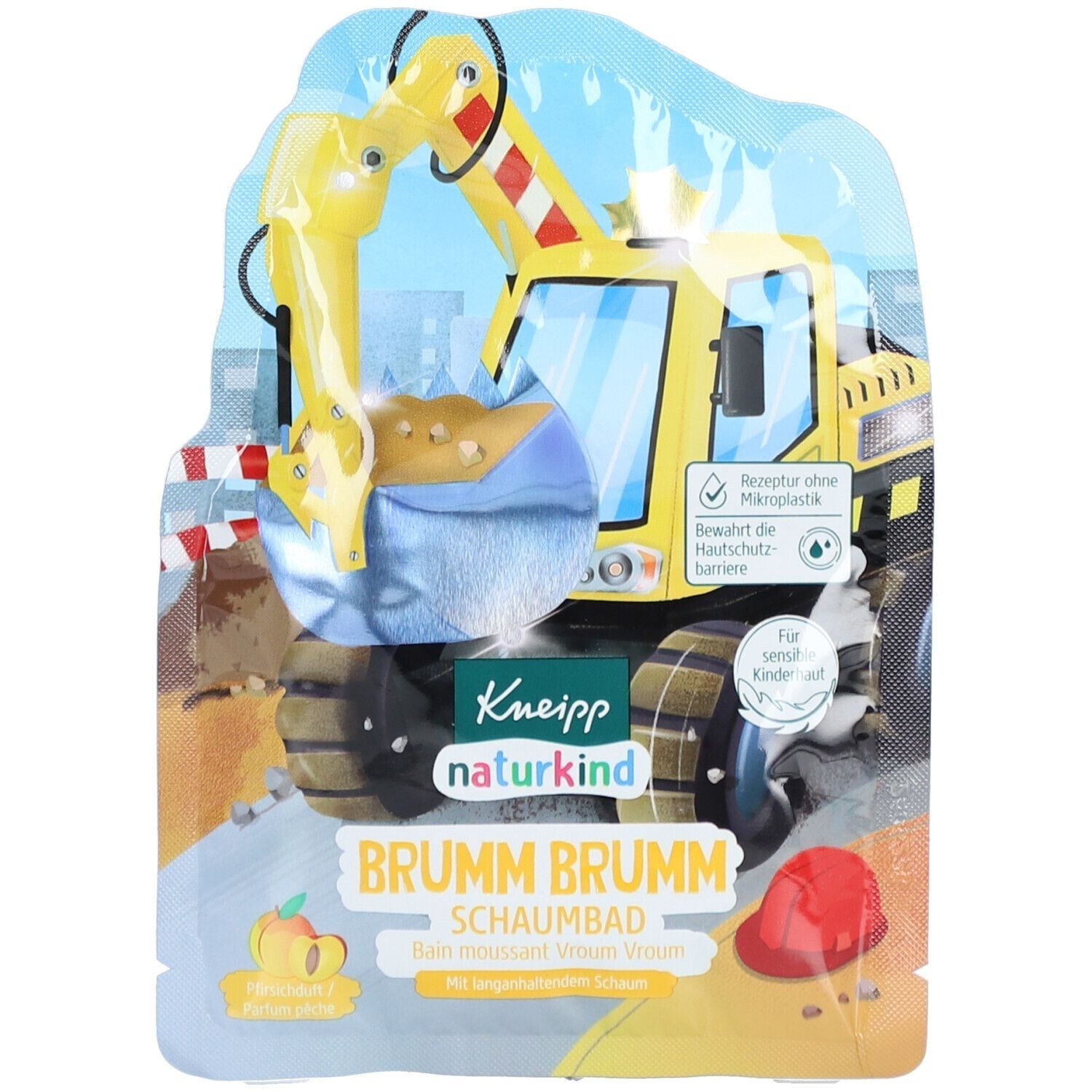 Verpackung von Kneipp Naturkind Schaumbad Brumm Brumm. Abbildung eines gelben Baggers. Text: Brumm Brumm, Schaumbad, Rezeptur ohne Mikroplastik, für sensible Kinderhaut.