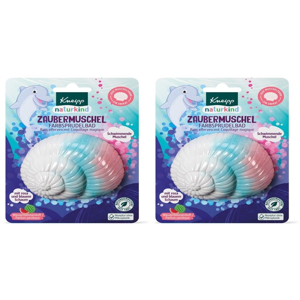 Zwei Packungen mit Badezusatz in Muschelform. Farben: Weiß, Rosa und Blau. Marke: Kneipp naturkind. Text: Zaubermuschel, Farbsprudelbad.