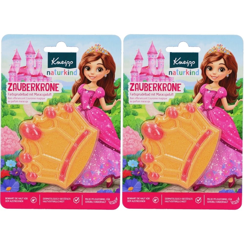 Zwei Packungen Kinder Badezusatz. Aufdruck: Prinzessin, Krone, Schloss. Marke: Kneipp naturkind. Farbsprudelbad.
