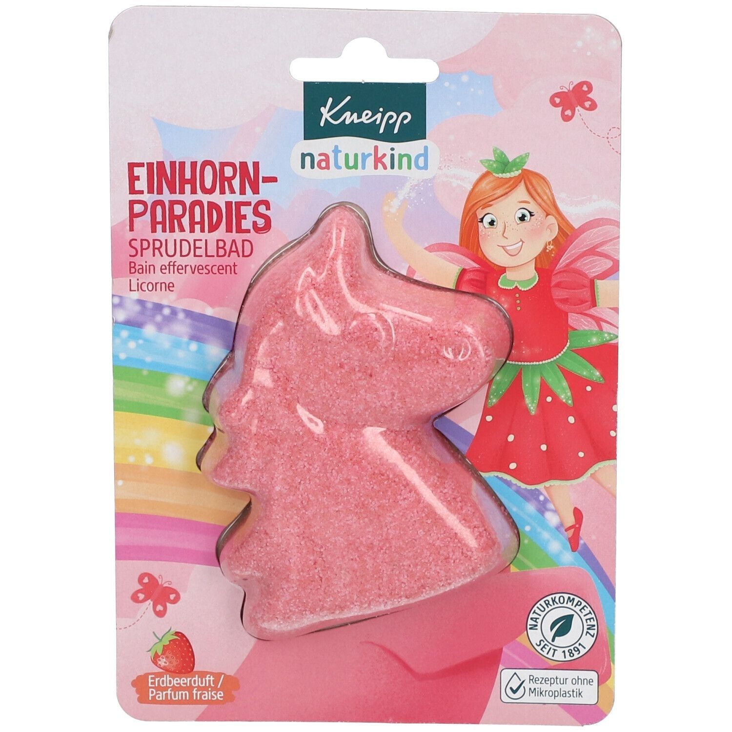 Rosa Sprudelbad in Einhornform. Verpackung mit Produktnamen, Illustration und Logo. Erdbeerduft. Naturkompetenz-Siegel.