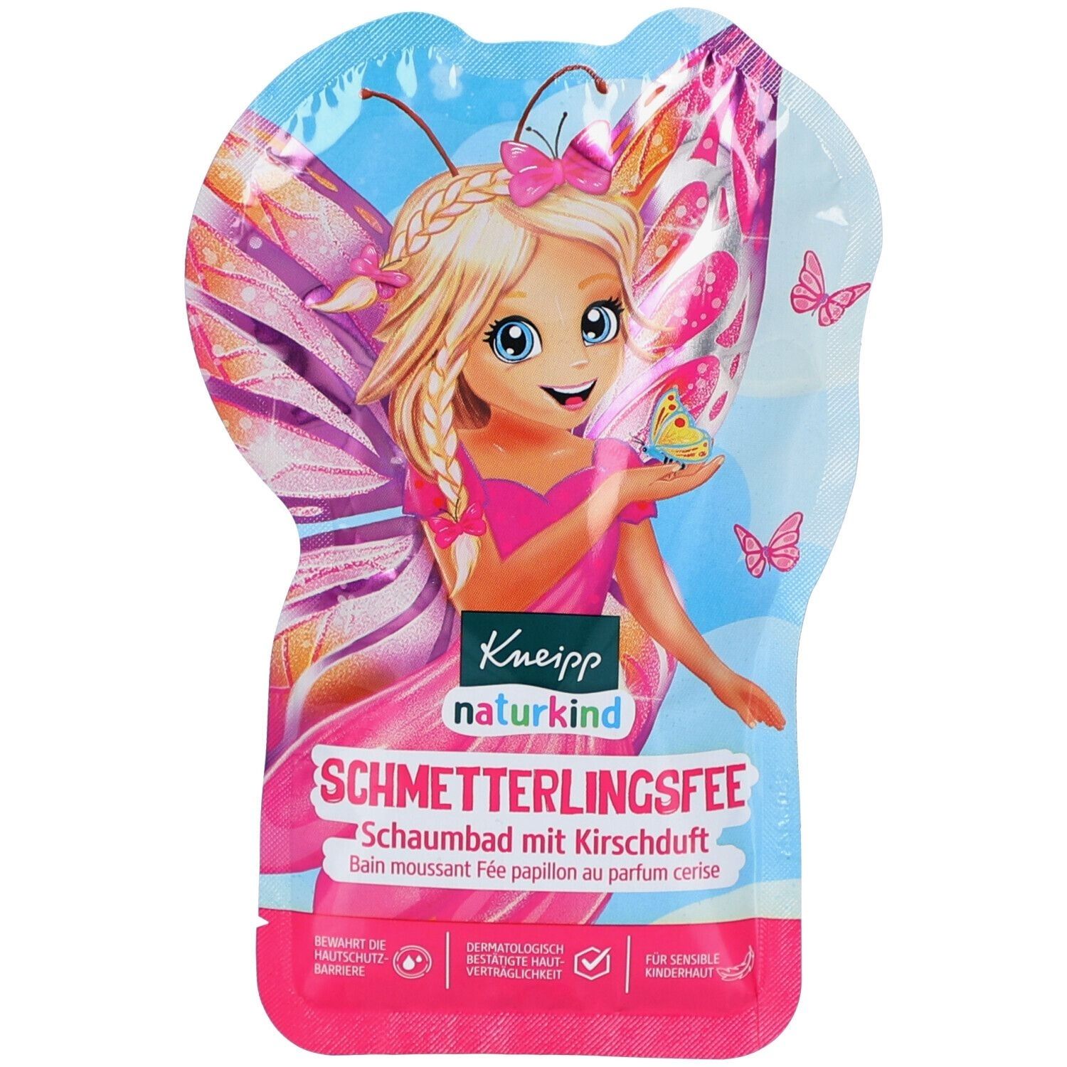 Verpackung mit Illustration einer Fee. Text: Kneipp Naturkind, Schmetterlingsfee, Schaumbad mit Kirschduft. Dermatologisch getestet.