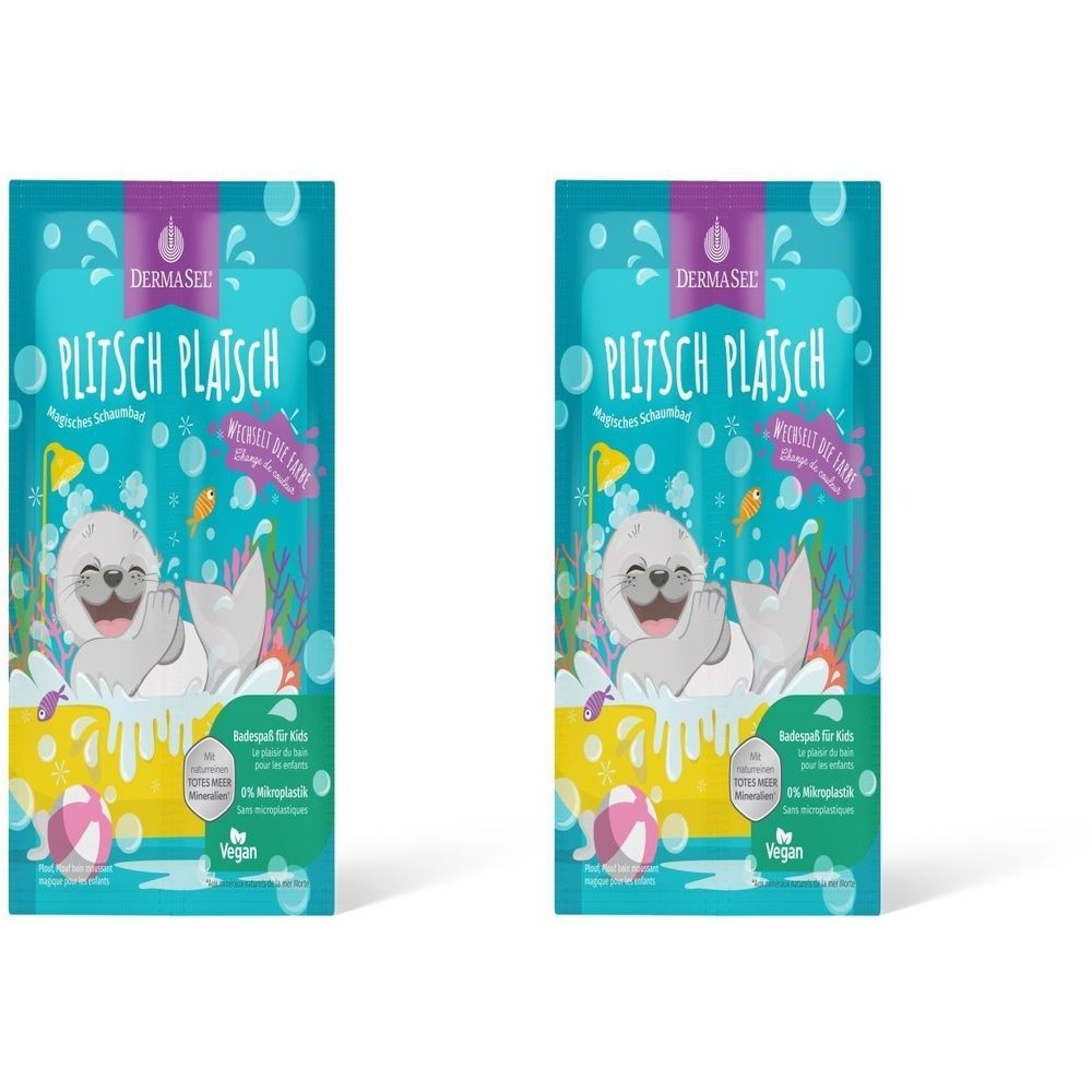 Zwei Beutel Badesalz. Türkis-farbener Hintergrund mit Seehund-Illustration. Aufschrift: PLITSCH PLATSCH, DERMASEL. Vegan.