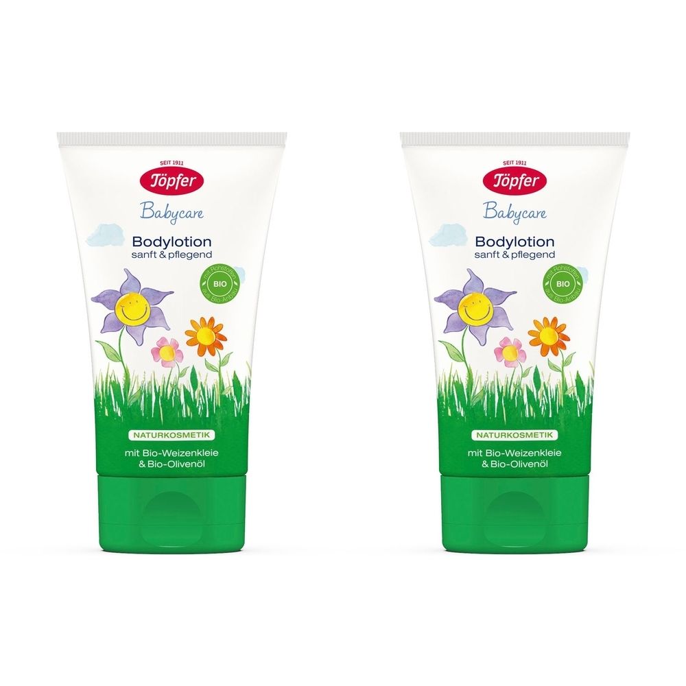 Zwei Tuben Töpfer Babycare Bodylotion. Weiße Tuben mit grünen Deckeln, floralem Design und Text.