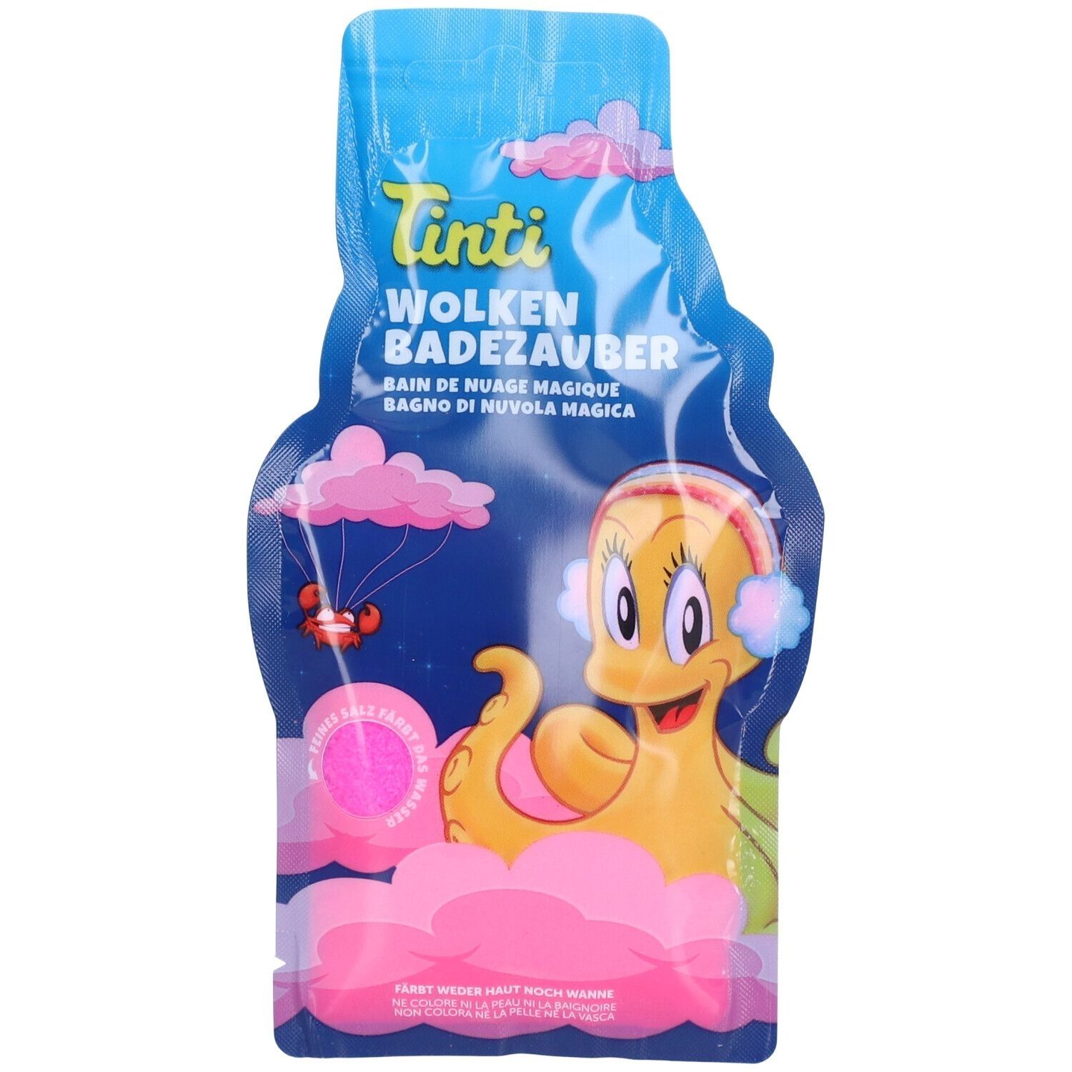 Blau-transparente Verpackung mit Produkt. Aufdruck: Tinti Wolken Badezauber. Illustration: gelber Tintenfisch, rosa Wolken, Krabbe.