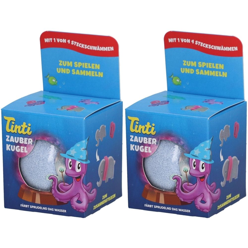 Zwei blaue Kartons mit Produktnamen. Aufdruck: Tintis Zauber Kugel. Oben: Text und Illustrationen. Unten: Ein lila Oktopus mit Hut.